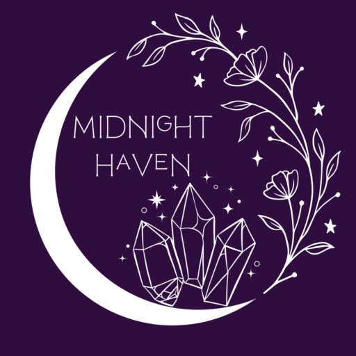 Dk purple background, crescent moon with flowers & crystals, “Midnight Haven” text in middle