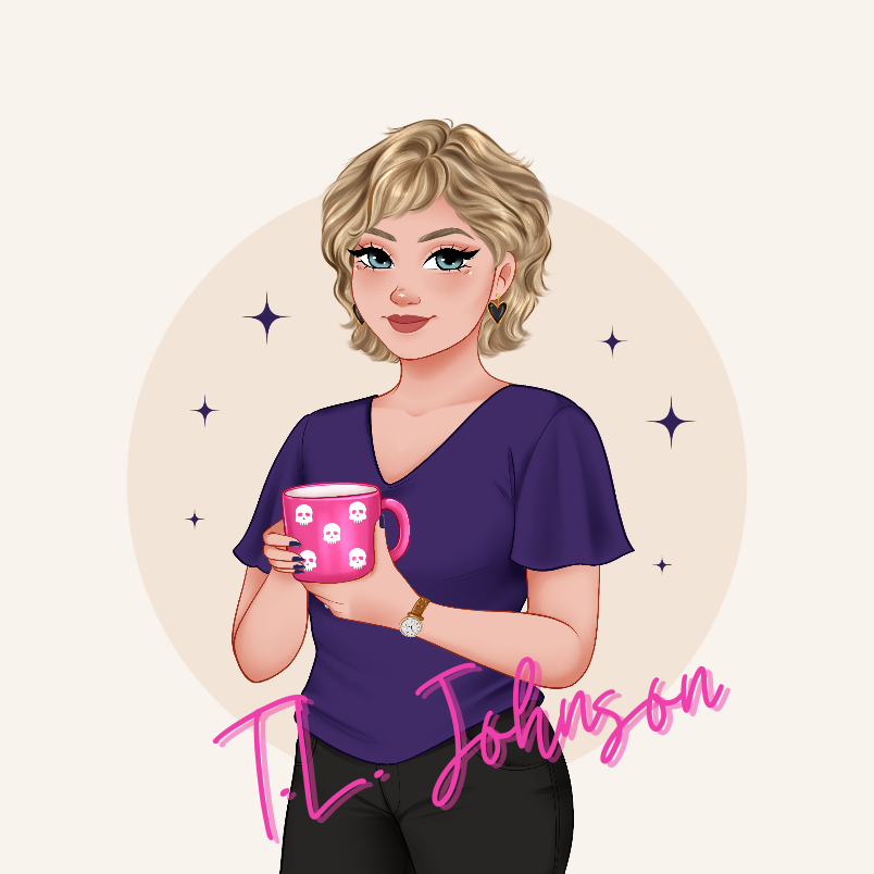 Illustrated portrait of author and novelist T.L. Johnson holding a pink skull mug, featured image for the Books page. Art by Roze Stojovska IG: @rosieart_