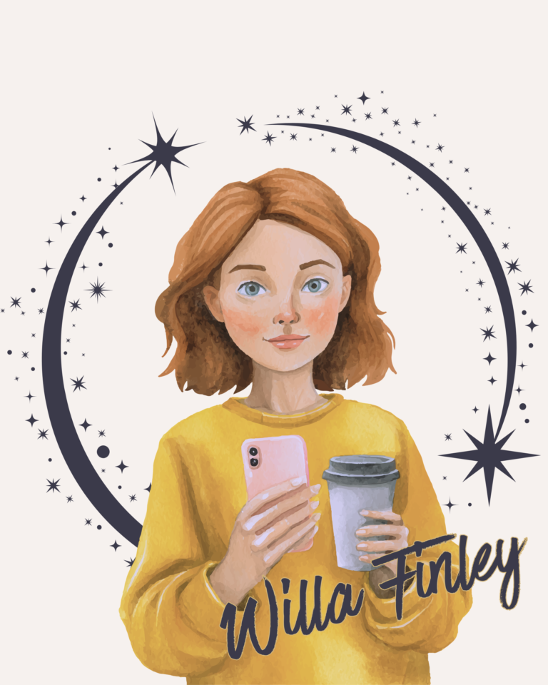 Illustrated portrait representing author Willa Finley, holding a phone and a cup of coffee beneath a field of stars