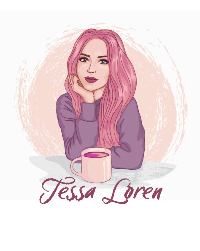 Illustrated portrait representing contemporary romance author Tessa Loren with pink hair and a pink mug