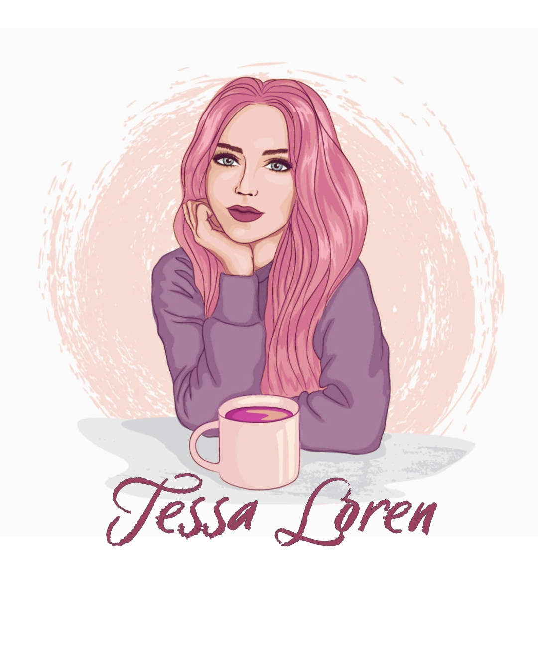 Illustrated portrait of contemporary romance author Tessa Loren with pink hair and a pink mug